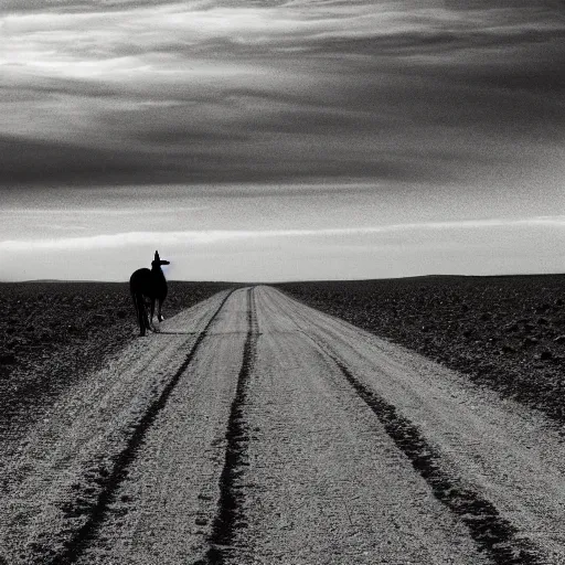 Prompt: lone cowboy walking his horse down a road into the sunset, desert, real photo, photo realism, sad