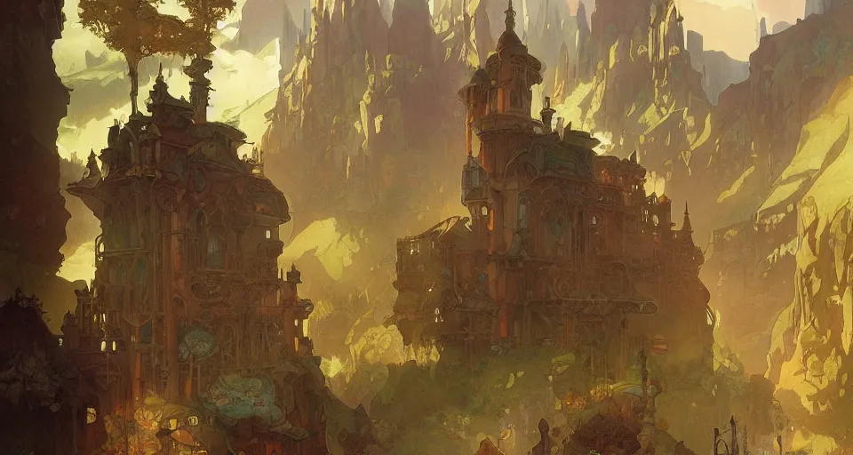 Image similar to A beautiful landscape painting of steampunk landscape by Alfons Maria Mucha and Julie Dillon and Makoto Shinkai