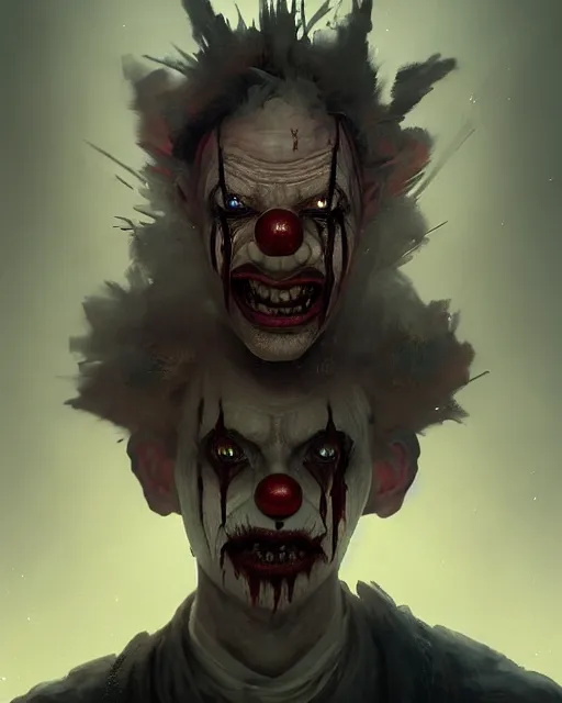 Prompt: fantasy evil clown portrait, beaten, rugged, highly detailed, intricate background, complex 3 d render by ilya kuvshinov, peter mohrbacher, greg rutkowski, simon stalenhag, thomas kinkade, victo ngai. unreal engine, blender, octane, ray tracing. sharp focus, masterpiece, post processing, deviantart