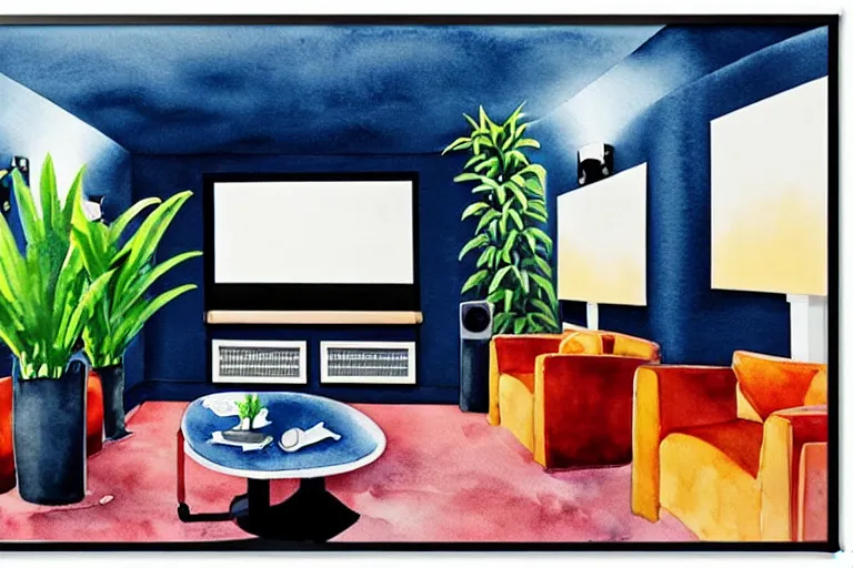 Image similar to very wide angle view, a modern home movie theater with big screen, stylish wall sconces, old popcorn machine!, movie posters on the wall!, plants very happy and cozy, interior designed by kelly wearstler, rough watercolor painting