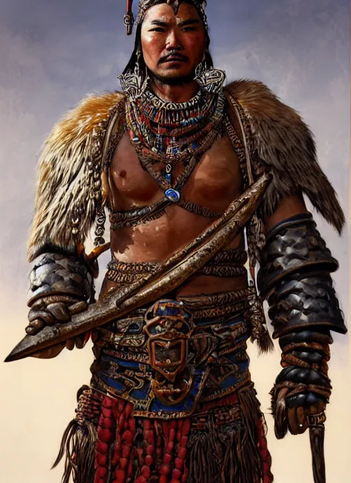 Prompt: tai warlord, portrait, historical, ethnic group, traditional costume, leather armor, fantasy, intricate, with dong son bronze artifacts, beads cross onbare chest, elegant, loin cloth, highly detailed, oill painting, artstation, concept art, matte, sharp focus, illustration, hearthstone, art by earl norem