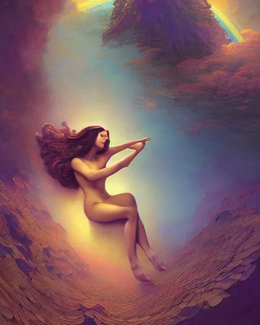 Image similar to beautiful woman floating in the most wonderful dream she ever had, coherent design, symmetrical, concept art, vivid color, complementary color, golden ratio, detailed, sharp lines, intricate, rainbowshift, by maxfield parrish, by peter mohrbacher, by gustave dore, by arthur rackham, deviantart, octane render