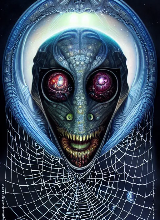 Image similar to cosmic lovecraft giger fractal spider portrait, pixar style, by tristan eaton stanley artgerm and tom bagshaw.