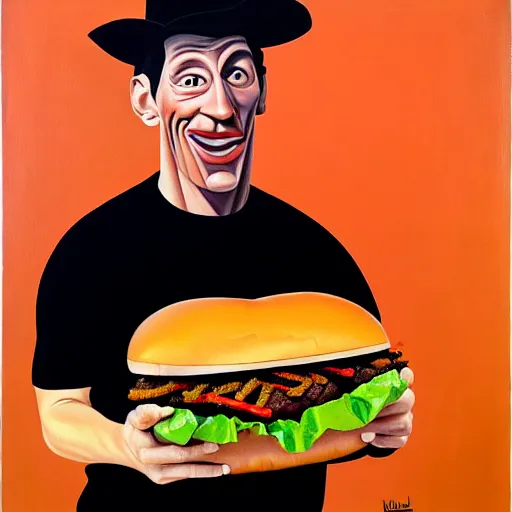 Image similar to portrait of ernest p. worrell eating a giant hamburger. cubist painting, oil on canvas