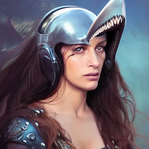 Prompt: an attractive young heavily pierced female wearing an shark helmet, uma thurman, olive skin, long dark hair, beautiful bone structure, intricate, elegant, highly detailed, digital painting, artstation, concept art, smooth, sharp focus, illustration, art by artgerm and greg rutkowski and alphonse mucha