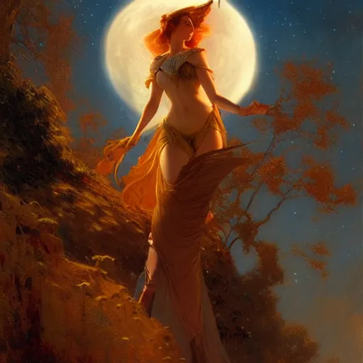 Image similar to attractive witch magically flying trough the night, fantasy, full moon in background. highly detailed painting by gaston bussiere, craig mullins, j. c. leyendecker 8 k