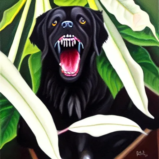 Image similar to oil painting of a black dog bearing its fangs next to white brugmansia suavolens flowers, with a dark background