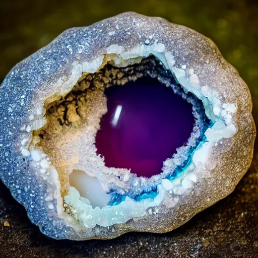 Image similar to photography of a geode with a a small body of an alien skellet inside it