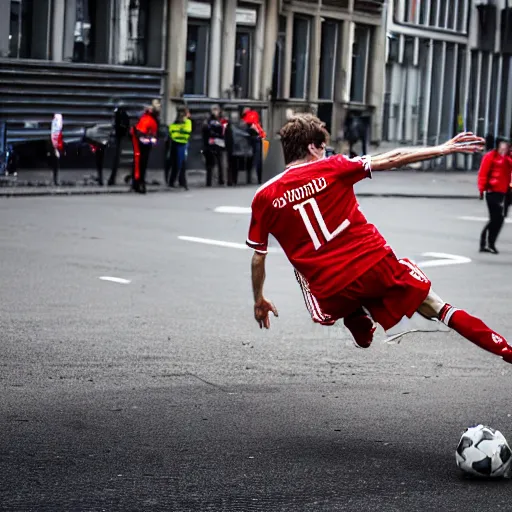 Prompt: 4k photography. thomas muller is a bum in the streets of berlin, kicking a can.