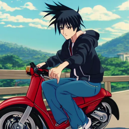 Image similar to close up of a anime guy with dark blue hair and streetwear clothing riding a in a 1990 black honda c90 with armenia quindio in the background , Artwork by Makoto Shinkai, pixiv, 8k, official media, wallpaper, hd