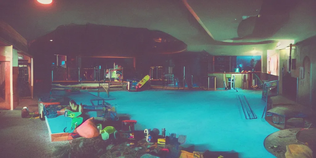 Image similar to a weird modern confined place, house, playground, office, pool, bar, pub, room, hall way with eerie feeling, disposable colored film camera, camera flash, unusual place, unsettling, kids place, night scene