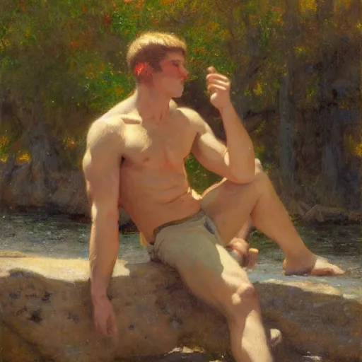 Image similar to muscular young man by the river, painting by Gaston Bussiere, Craig Mullins