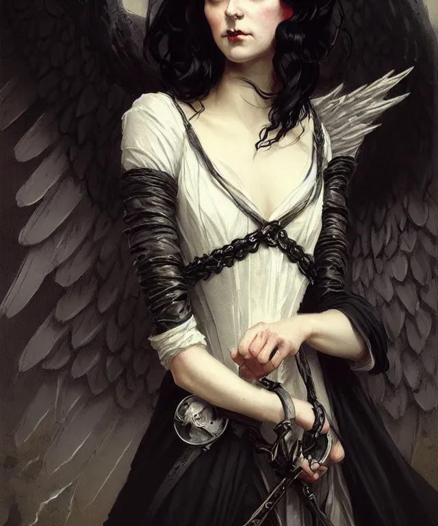 Prompt: a beautiful dark angel with black wings spread wide and victorian style clothing, beautiful face, cinematic lighting, low key contrast, detailed, hyperrealistic, character concept art by tolkien and greg rutkowski