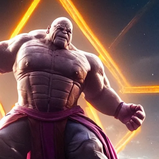 Image similar to a screenshot of Danny Devito playing Thanos in Avengers Endgame