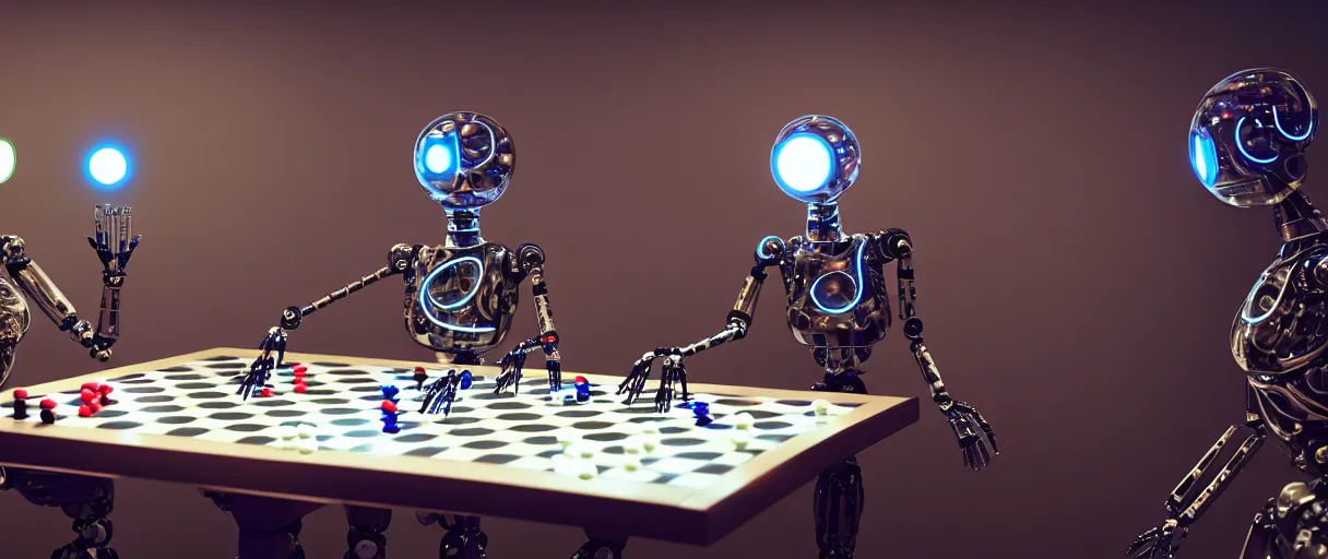 Image similar to a gorgeous highly detailed photo of two futuristic full - body humanoid robots with glowing led eyes sit on large midcentury recliners facing off in an intense game of checkers. cinematic movie photograph, cinematic lighting, arri alexa, extremely detailed, smooth, very very clean, 8 k, octane render, maya render, unreal engine, trending on artstation, dslr