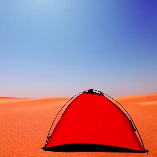 Image similar to a red camping chair in the middle of the sahara desert. the chair is 2 0 feet away from the camera.