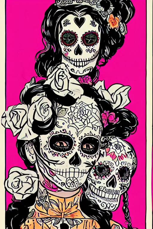 Prompt: Illustration of a sugar skull day of the dead girl, art by howard chaykin