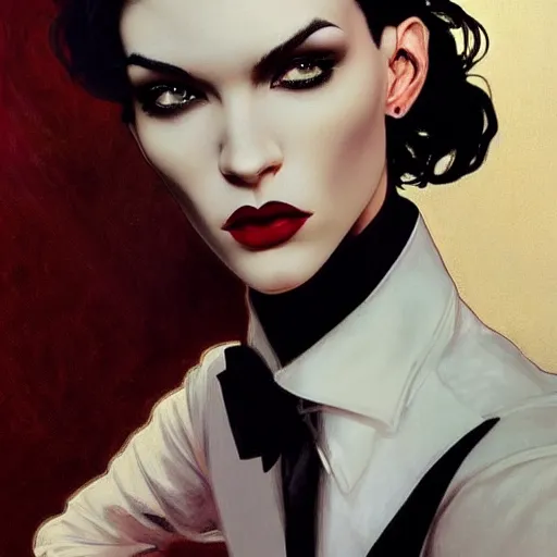 Image similar to stunning portrait of androgynous ruby rose as desire from sandman in a white tuxedo!!!, rockabilly style, by frank moth, by alphonse mucha, by jeremy mann, by peter lindbergh, dave mckean, white suit and black tie, soft lightning, high detailed, 8 k