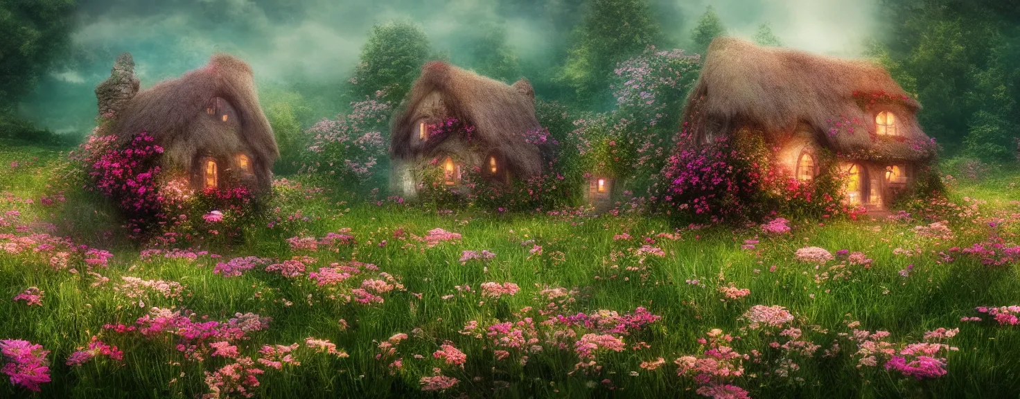 Image similar to fantasy little strawberry like cottage among magical floral meadow partially covered with fog, photo realistic image, super detailed, 4K,cinematic look