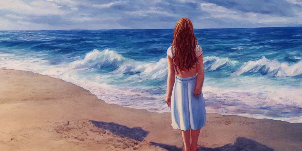 Prompt: girl looking at the ocean waves, superwide angle, intricate, highly detailed, illustration, art by Leon Bosko