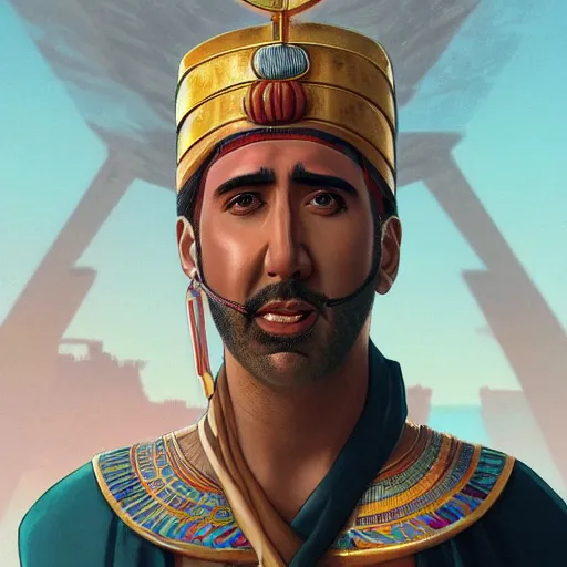 Image similar to a portrait of a beautiful Egyptian Nicolas Cage wearing ancient Egyptian fashion, desert background, rich vivid colors, ambient lighting, dynamic lighting, 4k, official media, anime key visual, makoto shinkai, ilya kuvshinov, lois van baarle, rossdraws, detailed, trending on artstation