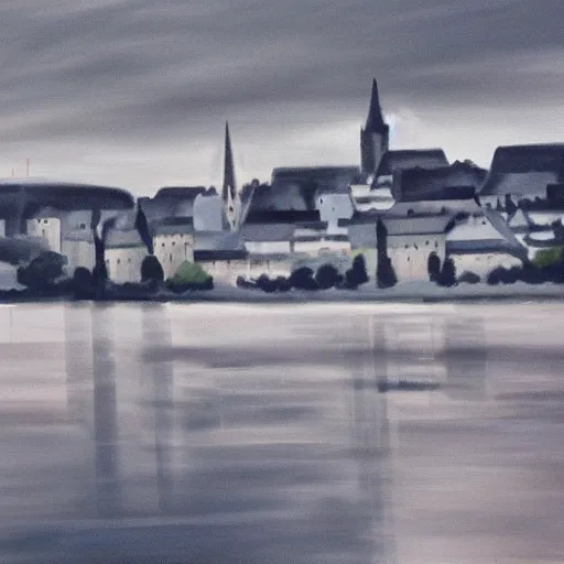 Prompt: very abstract painting of the rhine in basel, very rough brush strokes, the munster in the background, muted greyscale colors, great composition