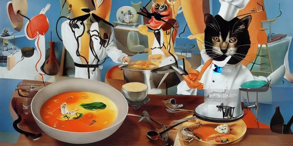 Image similar to anthropomorphic cats chef cooking a delicious colorful soup on TV show, by Salvador Dali