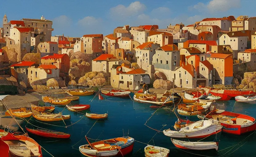 Prompt: An oil painting of a beautiful Mediterranean fishing village, boats, calm, aerial view, by Michiel Schrijver