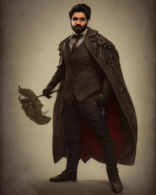 Image similar to nandor the relentless, from what we do in the shadows, kayvan novak, long black hair, half - body, 1 9 2 0 s suit, ornate cape, very detailed, intricate, cinematic, artstation, william bouguereau, daniel gerhartz, greg rutkowski, rossdraws, octane render