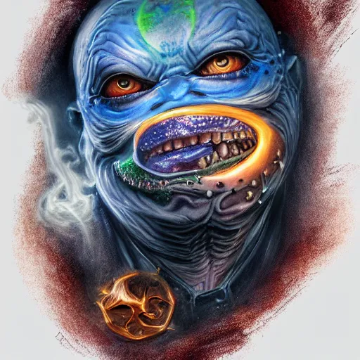 Prompt: 3d render of highly detailed hyper-detailed beautiful mystic portrait of a phantom undead pepe with whirling galaxy around, tattoos by Anton Pieck, intricate, extremely detailed, digital painting, artstation, concept art, smooth, sharp focus, illustration, intimidating lighting, incredible art,