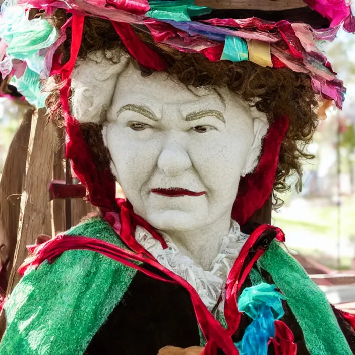 Image similar to a closeup portrait of a woman wearing a cloak made of ribbons, staring at an empty swing playground, claymation, movie still from the adventures of mark twain movie,