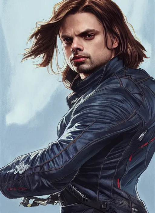 Image similar to sebastian stan as the winter soldier painted by artgerm and greg rutkowski and alphonse mucha