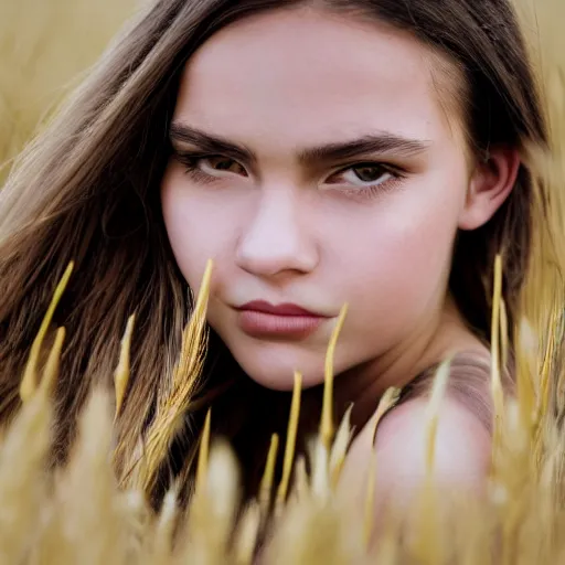 Prompt: portrait of a beautiful girl, close - up, low depth of field, sharp focus on face, golden light, in a wheat field