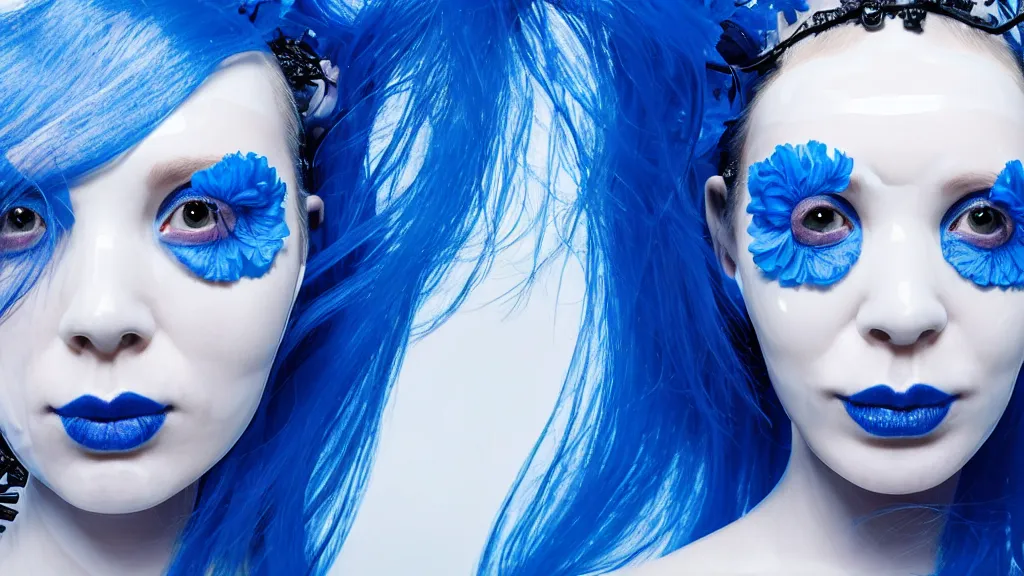 Image similar to symmetrical close - up portrait of a woman wearing a translucent silicone beauty mask and blue hair, wearing a black bodysuit by alexander mcqueen, plastic translucent flowers, white background, soft diffused light, biotechnology, humanoide robot, bjork aesthetic, translucent, intricate details, highly detailed, masterpiece,