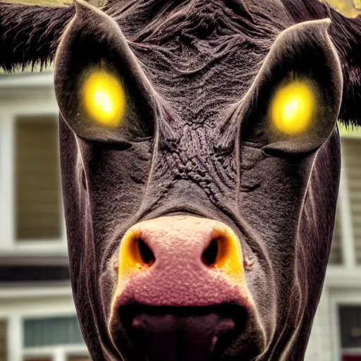 Image similar to ultra - realistic close - up of creepy cow at night, fish - eye - lense, disturbing horror photo, doorbell camera footage