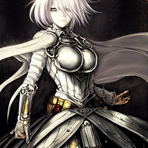 Prompt: renaissance oil portrait, blurry and dreamy yoshitaka amano style illustration, realistic anime girl with white hair and black eyes, elden ringstyle armor with engraving, highly detailed, ruined throne room in the background, strange camera angle, three - quarter view, noisy film grain effect