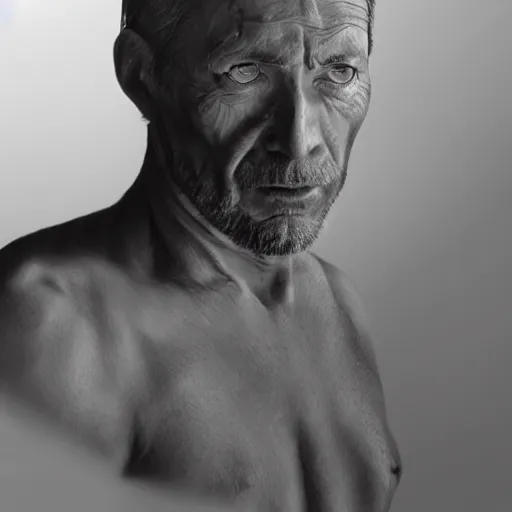 Image similar to a man that successfully escaped his internal hell. hyperrealism, trending on artstation.