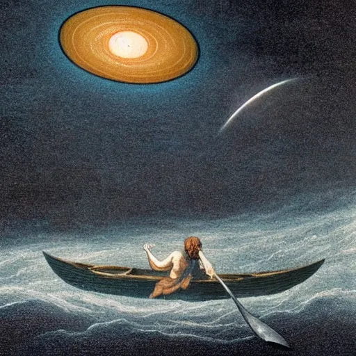 Image similar to charon in his boat at sea looking at a black hole in the universe.