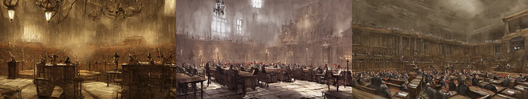 Prompt: parliament session inside of parliament, papyrus, watercolored, jakub rozalski, dishonored, artstation