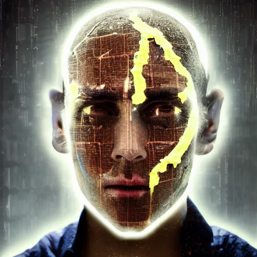 Image similar to glitchart cyberpunk man with translucent skin, with his face and head smeared with mud, and wrapped in bandages and electrical wiring, cinematic backlighting