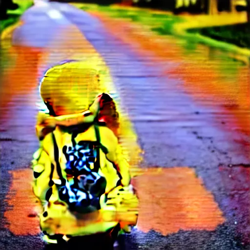 Image similar to anthropomorphic cute kitten wearing a yellow raincoat and yellow boots and red backpack standing next to a schoolbus on the first day of kindergarten, with colorful fall leaves and light rain, critical moment photograph