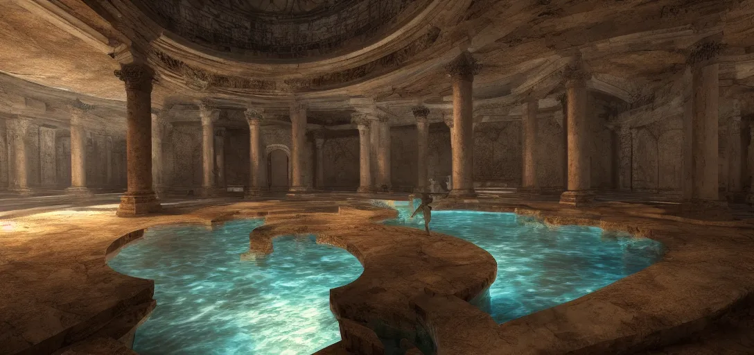 Prompt: dramatic view of underground roman cistern, glowing pool of water, ancient marble statues, unreal engine, dramatic lighting, detailed, ambient occlusion, global illumination, god rays, 3 d artstation render by greg rutowski and jessica rossier