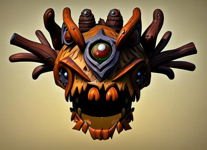 Image similar to brown wooden festeroot dragonskull treant head, stylized stl, 3 d render, activision blizzard style, hearthstone style, darksiders art style