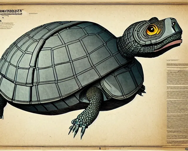 Prompt: a full page of a mechanical blueprint showing a cutaway design for a mechanized tortoise from howl's moving castle ( 2 0 0 4 ), with a big head, muted colors, post grunge, studio ghibli, hq,