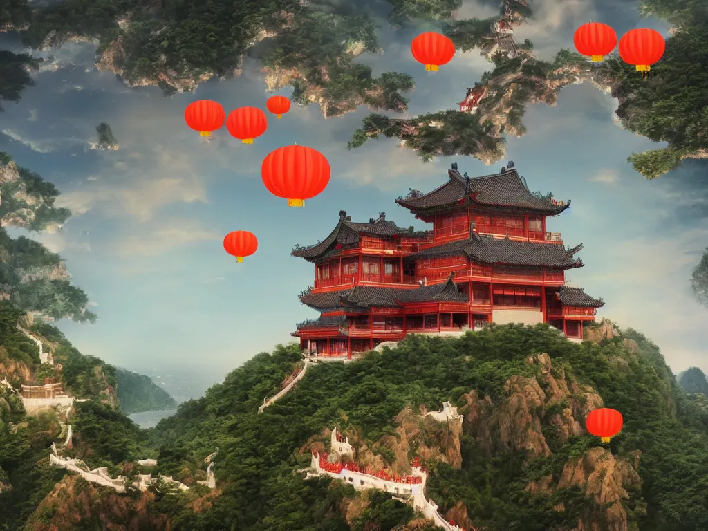 Prompt: a majestic chinese palace stands on a cliff by the sea with beautiful sky lanterns flying in the night sky, trending on artstation, dreamy, fairy tale, expansive view, ultra wide angle, uhd, super resolution, massive scale.