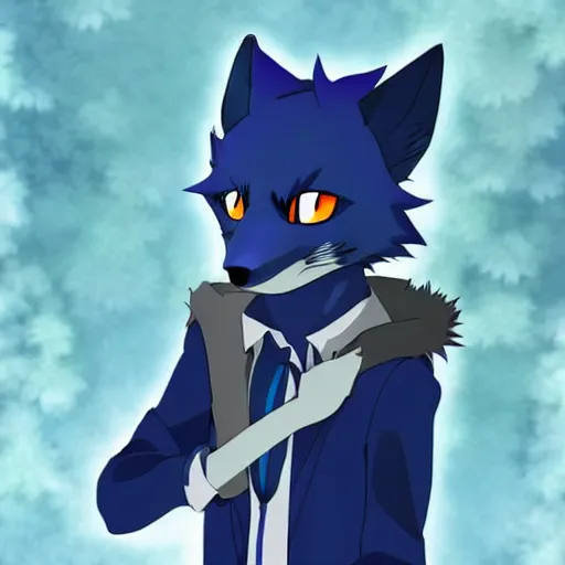 Prompt: modern anime still an anthro dark blue wolf furry fursona in a lavish outfit, handsome anime eyes, key anime visuals with anime environmental background