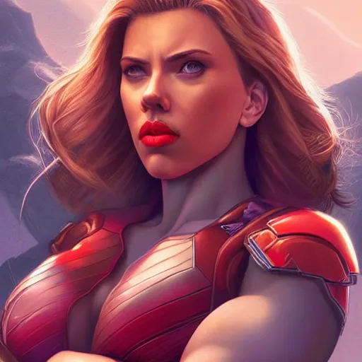 Image similar to scarlett johansson as thanos, feminine beautiful muscular fitness model wearing armor, red lips, attractive, highly detailed full body portrait, pretty face, elegant, breathtaking art, concept art, by artgerm and ilya kuvshinov