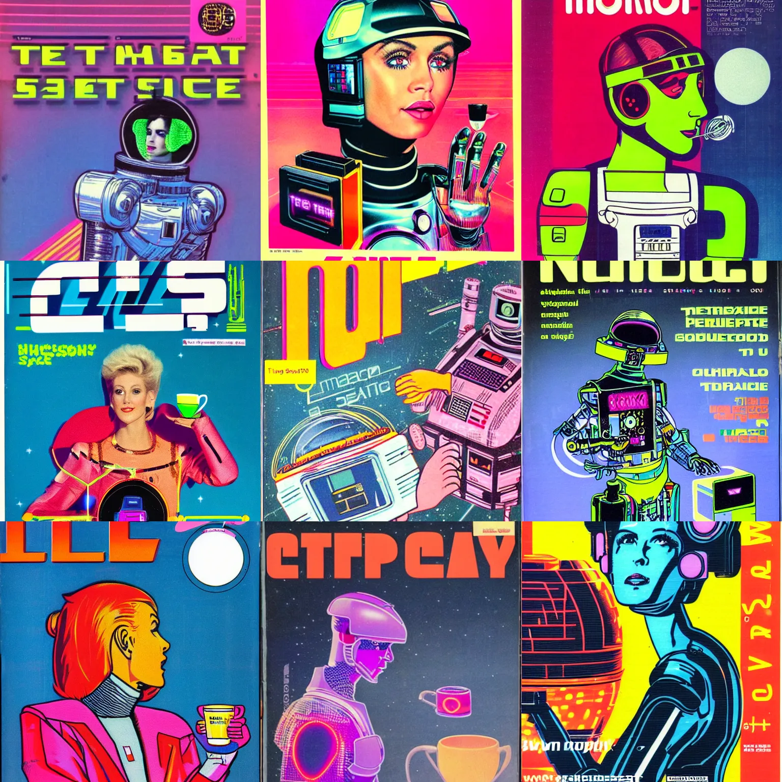 Prompt: a trendy 1 9 8 0 s computer magazine cover with a neon space cyborg on the cover serving tea to the king of space