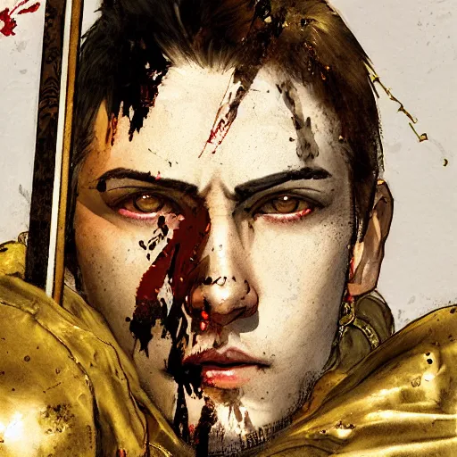 Image similar to portrait of a young white hero using his right arm to hold his sword covering his eye by yoji shinkawa, high quality, extra details, realism, ornate, colored, golden chain, blood, white skin, short hair, brown eyes, vivid, sunlight, dynamic, american man, freedom, white american soldier, painting