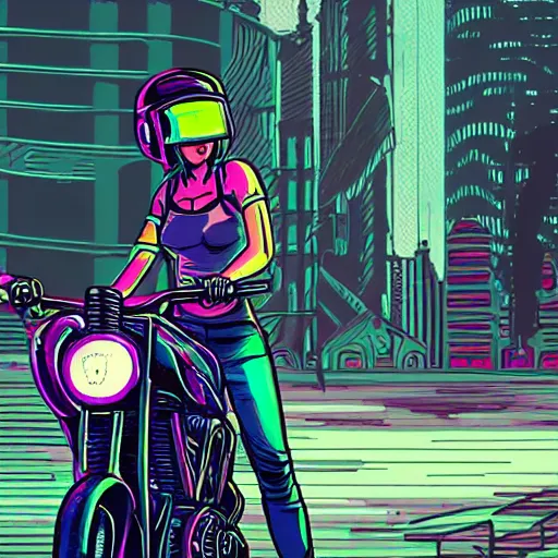 Prompt: a retro synthwave world with a girl riding on a cyberpunk motorcycle, she's wearing a bike helmet